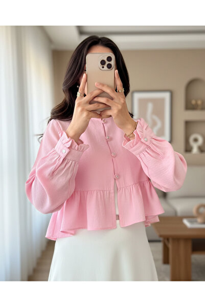 MissRunin Eteği Ve Kolu Fırfırlı Taşlı Düğmeli Modal Kumaş Gömlek