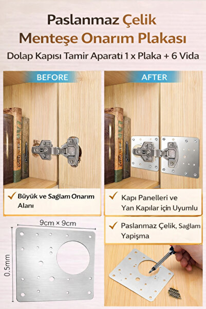 Hane Dostu Paslanmaz Çelik Menteşe Onarım Plakası 9x9 cm Dolap Kapak Tamir Ap...