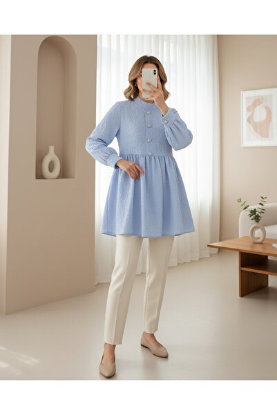 MissRunin Önü Taşlı Düğme Detaylı Parçalı Arkası Fermuarlı Tunik