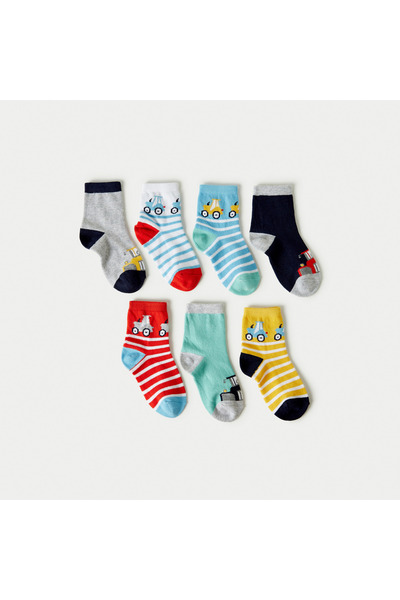 Juniors Car Print Ankle Length Socks - Set of 7