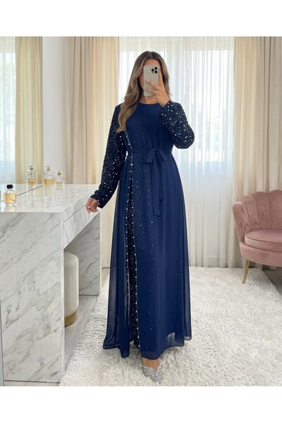 MissRunin Kolları Pul Payet Kemerli Şifon Abiye