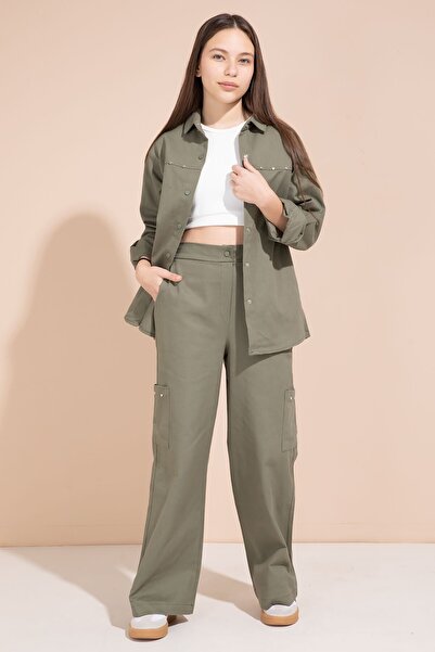 Cansın Mini Girl's Gabardine Suit with Khaki Heart Embroidered Shirt and Wide...