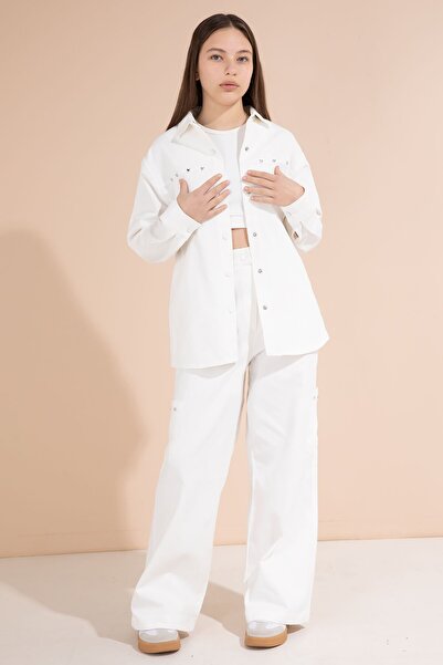 Cansın Mini Girl's Gabardine Suit with White Heart Embroidered Shirt and Wide...