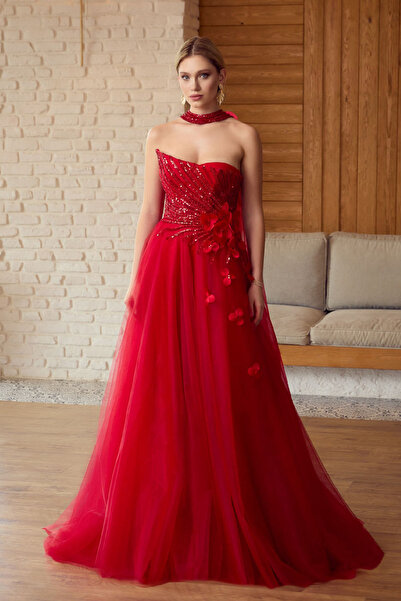 ÖMÜR INN Women's Strapless Sequin Embroidered Long Evening Dress 6694 Red