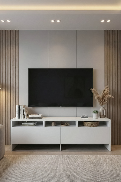 BAGAX WHITE Dekoratif Beyaz Tv Ünitesi | Kapaklı, Bölmeli Tv Sehpası - 140 cm