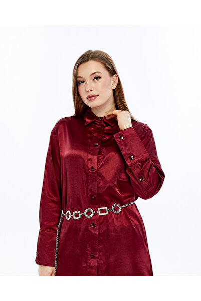 MADE BY ALİSHA Burgundy Long Satin Shirt Dress – Buttoned Front and Wide Cuffs