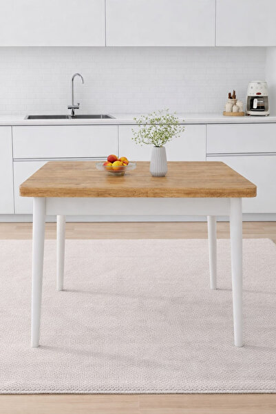 Renlife Küçük Mutfak Yemek Masası 70x70 Kare Metal Ayaklı Modern Masa Beyaz Meşe