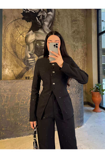 missswans Londa Önü İki Çeşit Düğmeli Pullu 2li Ceket Pantolon Takım Siyah