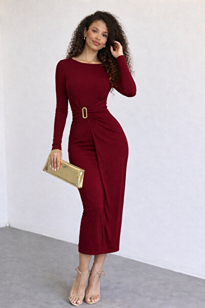 ESPOİRPLUS Draped Slits Sandy Dress with Waist Accessory Espp-58