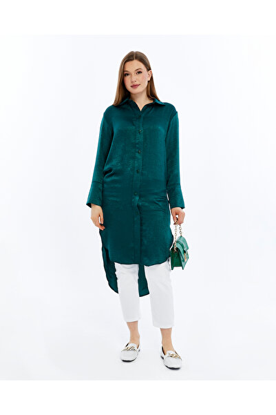 MADE BY ALİSHA Emerald Green Long Satin Shirt Dress – Buttoned Front, Wide Cuffs