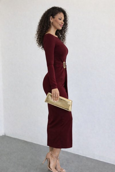 ESPOİRPLUS Draped Slits Sandy Dress with Waist Accessory Espp-58