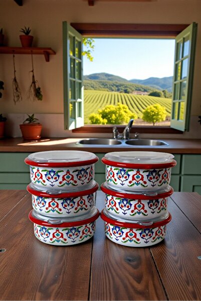 İnci Emaye 6 Piece Medium Size, with Lid, Patterned Enamel Breakfast Set, Pre...