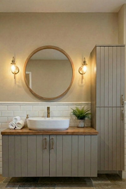 AdnDesing Banyo Dolabı Seti-Vizon Mat Lake Boyalı-Ahşap Tezgah-Boy Dolabı-Ayn...