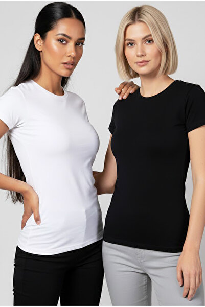 Siyah İnci Black-White 2-Pack Cotton Lycra Basic Crew Neck Knitted T-Shirt Un...