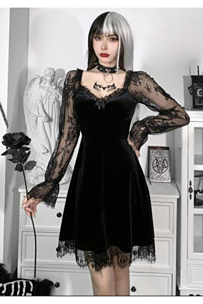 Köstebek Dantel Kollu Gothic Kadife Elbise