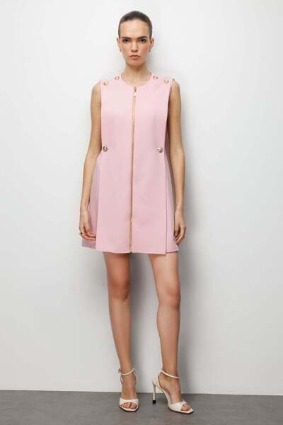 Ekol Süs Düğmeli Fermuarlı Midi Elbise