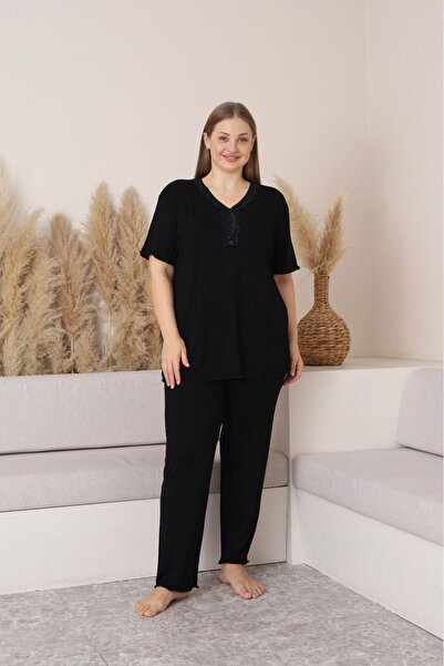 Elit Women's Plus Size Lace Collar Short Sleeve Bamboo Fabric Pajama Set Black