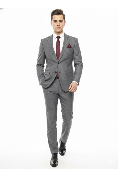 Presto Erkek Premium 4 Drop Regular Fit Füme Piti Kare Ekose Takım Elbise – P...