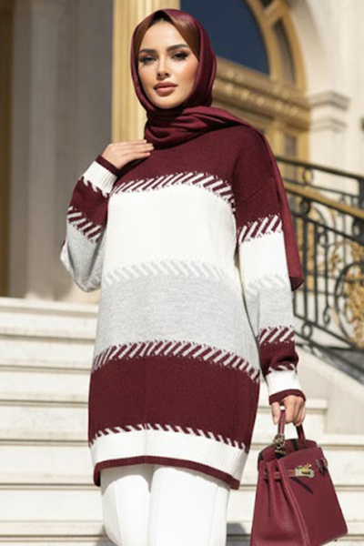 N.S NEVA STYLE Color Block Burgundy Hijab Knitwear Sweater 8804Br