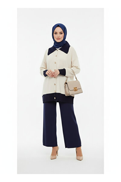 Balgüneş Tekstil Kadın Şık Kontrast Detaylı Düğmeli Triko Takım