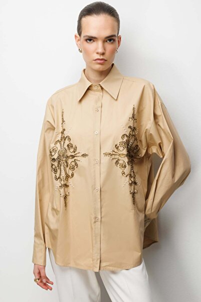 Ekol Boncuk İşlemeli Oversize Pamuk Gömlek