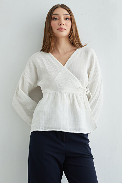 Fulla Moda Side-Tie Double-Breasted Collared Muslin Shirt