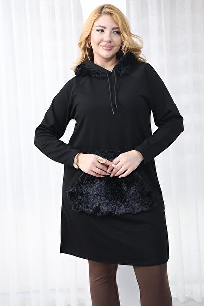 Siyezen Plus Size Fur Detailed Tunic Sweatshirt