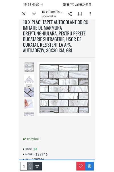 OEM Set of 10 3D self-adhesive wallpaper tiles with marble imitation