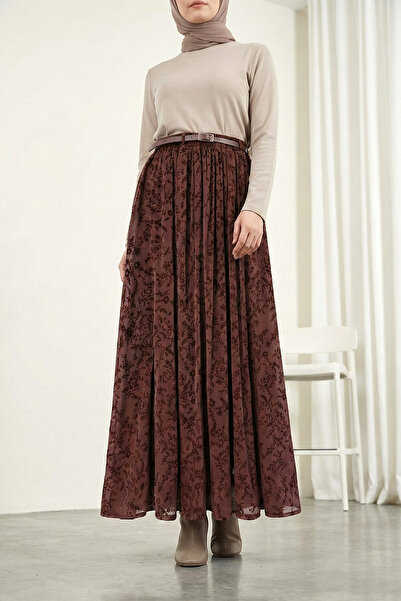 MODAQU Embossed Pattern Belted Lined Organza Skirt - Dark Burgundy
