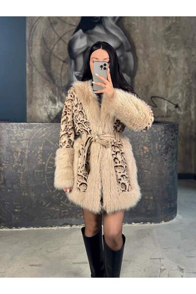 Markasız ucuz Yaka Ve Kol Peluş Deri Kemer Detaylı Kürk Krem