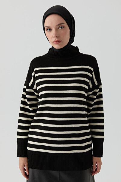 Tuğba Sim İpli Çizgili Triko Tunik - Siyah - Ekru