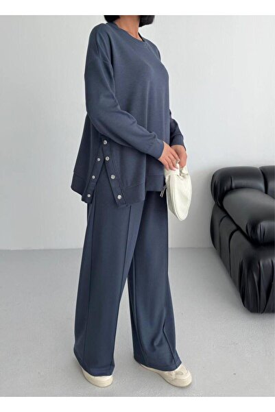 Elit Women's Modal Fabric Crew Neck Side Snap Button Top and Bottom Set