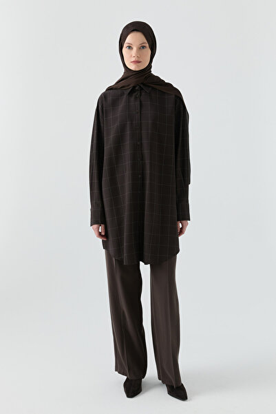 Tuğba Kare Desenli Tunik - Acı Kahve