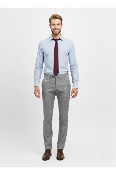 Presto Erkek SlimFit Likralı Kareli Desen Pantolon Gri 3184-120