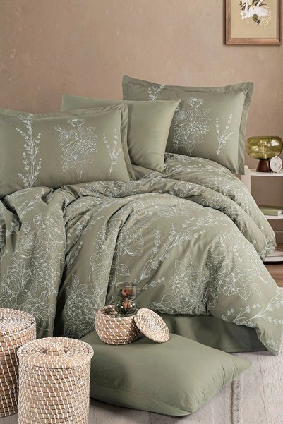 Clasy Ranforce 100% Cotton Double Duvet Cover Set Vinya V1 Green