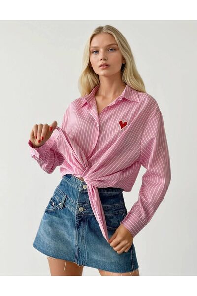 AuraWear Kalpli Nakışlı Çizgili Oversize Kadın Gömlek