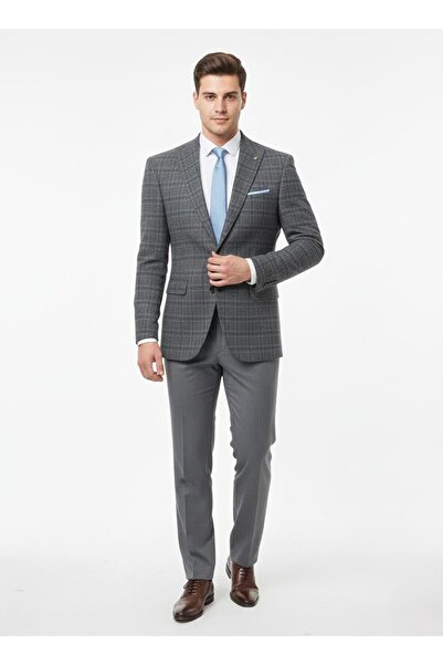 Presto Erkek Regülar 4 Drop Yün Efektli Ekose Ceket Gri 1716-090