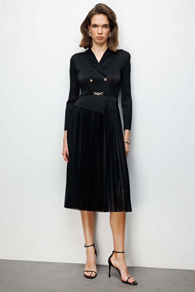 Ekol Eteği Piliseli Akordiyon Maxi Elbise