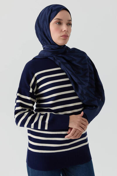 Tuğba Sim İpli Çizgili Triko Tunik - Lacivert - Ekru