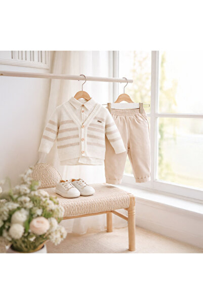 Cumino Baby Boy Striped Knitwear Cardigan 3-Piece Set