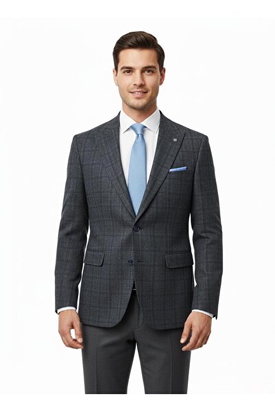 Presto Erkek Regülar 4 Drop Yün Efektli Ekose Ceket Lacivert 1716-250