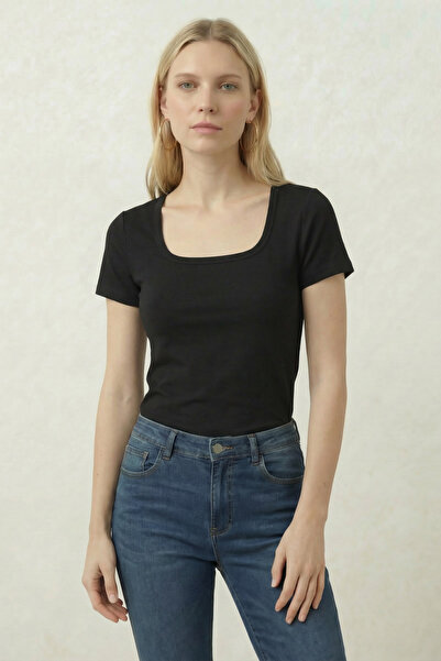 FHELIA Tricou de damă cu decolteu în formă de U, 100% bumbac, croială slim