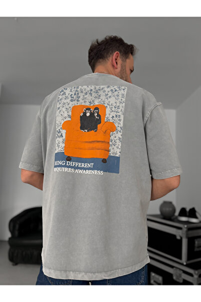 BYBASICMAN Сіра футболка з принтом Two Monkeys TW-1015