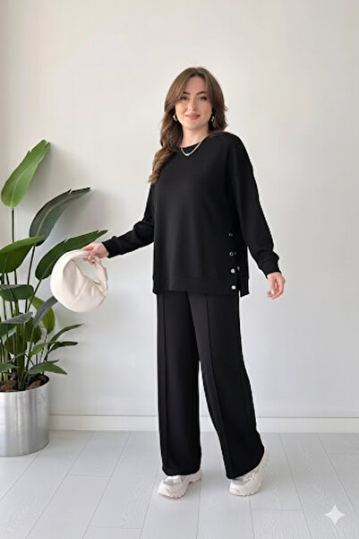 Elit Women's Modal Fabric Crew Neck Side Snap Button Top and Bottom Set