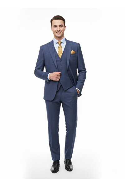 Presto Erkek SlimFit Armürlü 6 Drop Yelekli Takım Elbise Lacivert 786-250