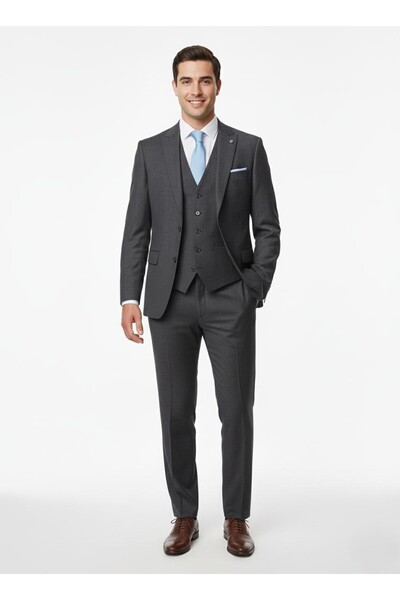 Presto Erkek Premium Lacivert Armürlü Kruvaze Yelekli Slim Fit Takım Elbise 6...