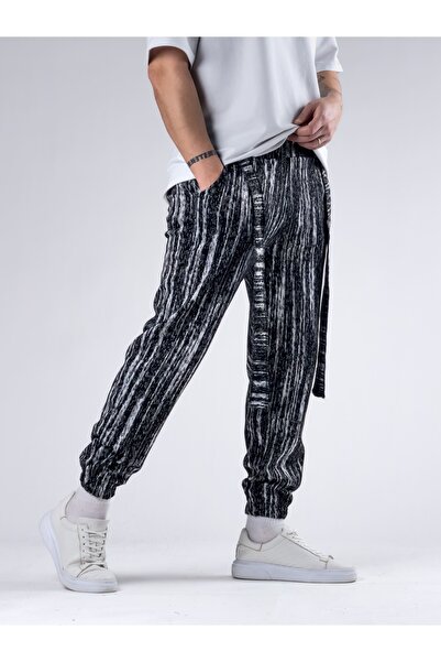 COCOPELLI Matrix Patterned Belted Black Men's Jogger Pants Coc2773