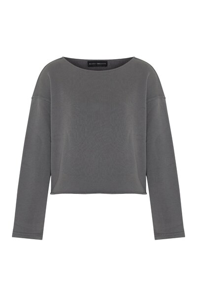 Beauty Omelette Gri Yıkamalı Kayık Yaka Oversize Sweatshirt