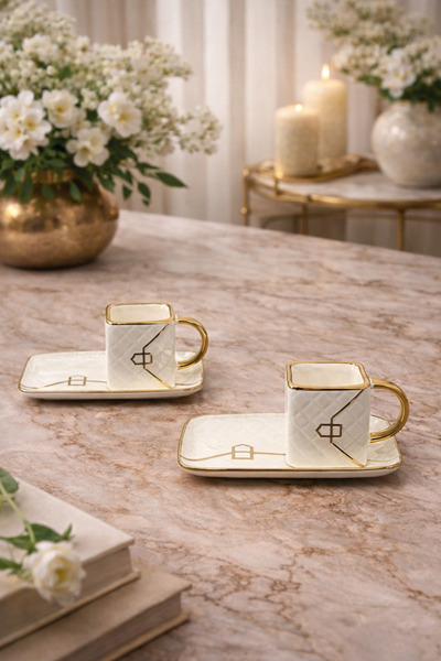 YzHome 2 Person Porcelain Gilded Bag Model Cup Set White