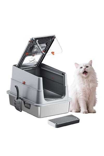 KidLe Stainless Steel Cat Litter Box with Lid High Sides Metal Cat Litter Box...